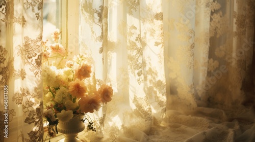 Sunlight streaming through lace curtains onto Traditional Floral Wallpaper, creating a delicate and romantic ambiance