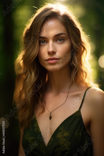 Beautiful woman stands in a lush, sun-dappled forest. Generative AI