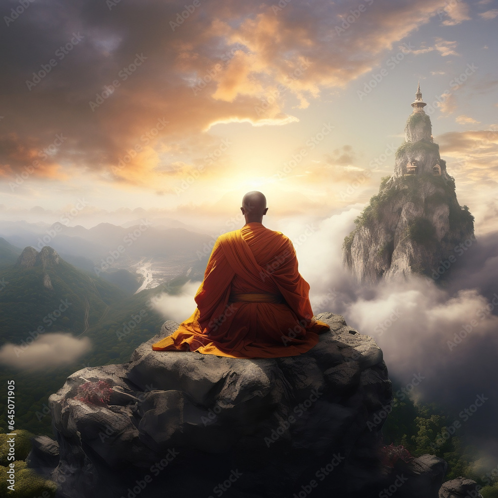 A Tibetan monk meditating on top of the mountain. A mesmerizing view with incredible sight on a temple far away. Peacefulness. Generative AI.