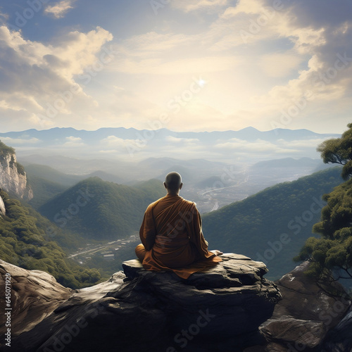 A Tibetan monk meditating on top of the mountain. A mesmerizing view with incredible sight. Peacefulness. Generative AI.
