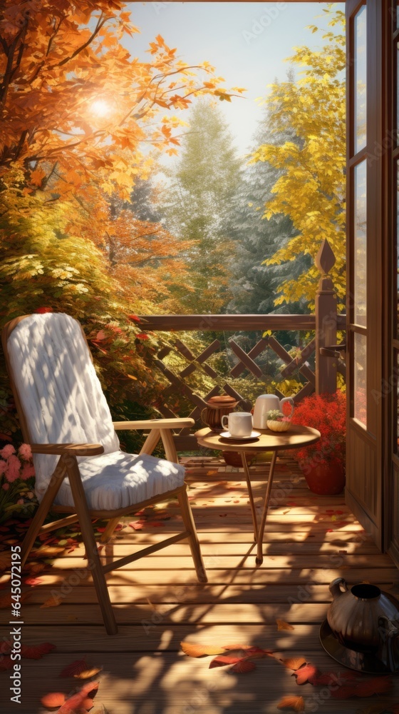 A painting of a chair and a table on a porch