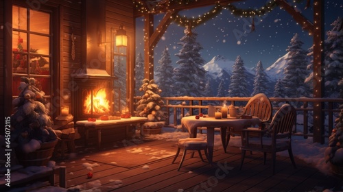 A porch covered in snow next to a fire place
