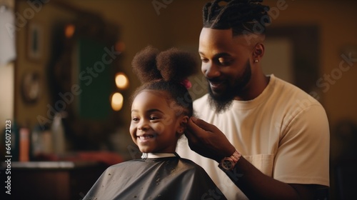 A man cutting a little girl's hair in a barber shop