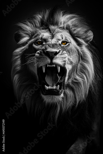 Photorealistic portrait of a wild roaring lion in black and white format