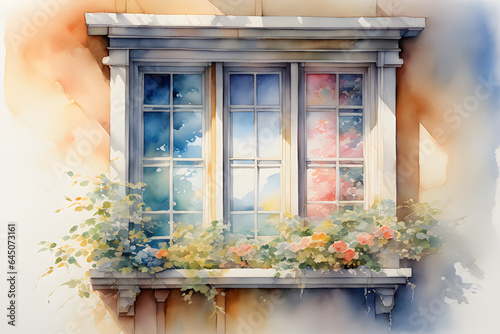 window with flowers  watercolor painting  pastel colors