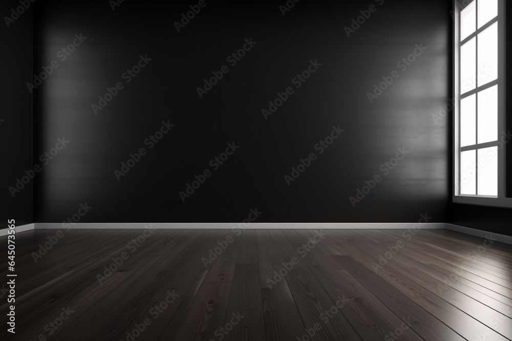 empty black room with wooden floor and light glare for product display empty black room with wooden floor and light glare for product display