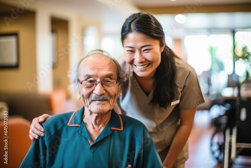Happy and smiling senior man in a nursing home with his caregiver