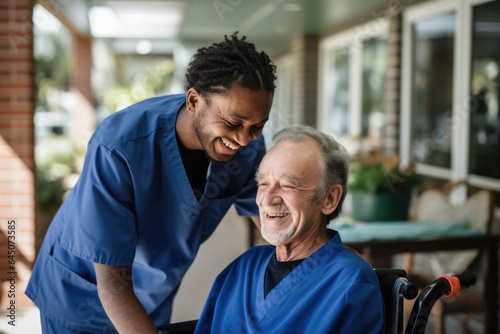 Happy and smiling senior man in a nursing home with his caregiver