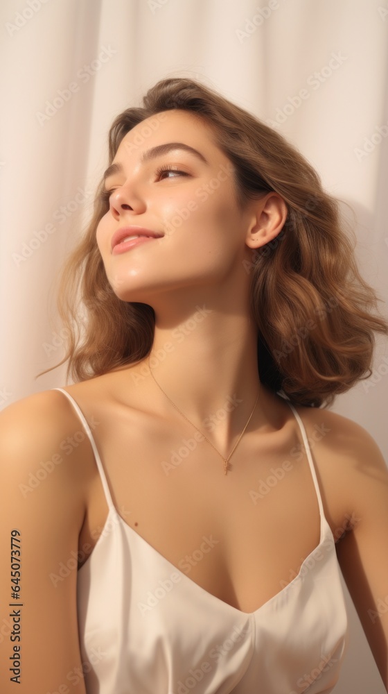 A girl in a playful pose on a neutral background. Generative AI