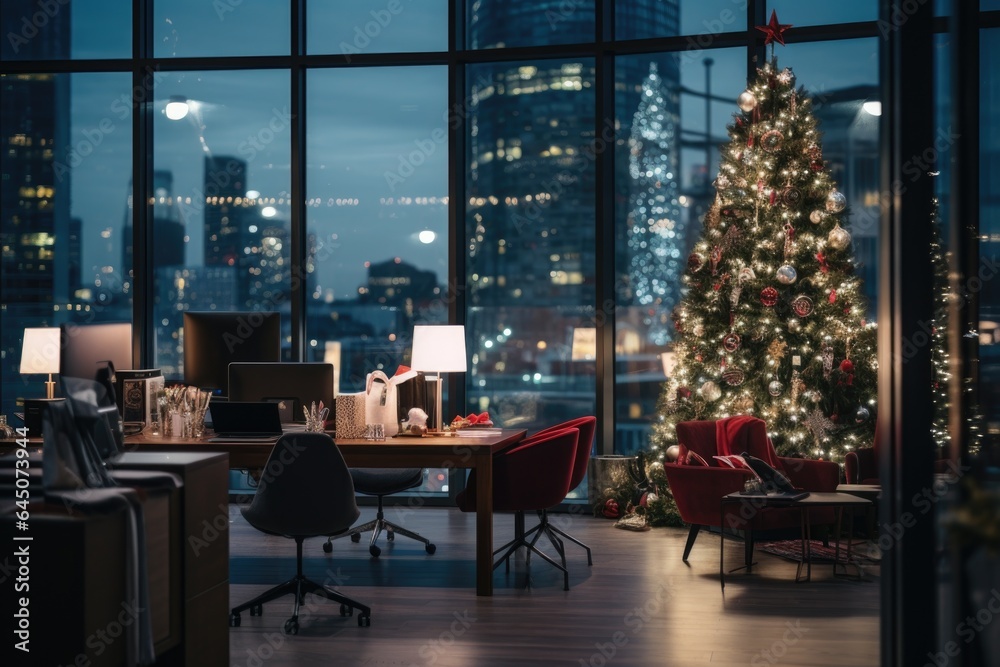 Empty startup company business office decorated for christmas and the new year holidays