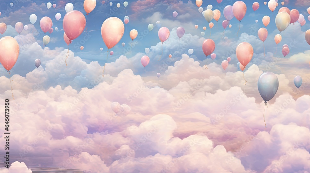  a painting of many balloons floating in the sky above the clouds.  generative ai