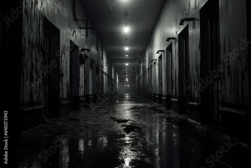 Fototapeta Creepy old shabby corridor of mental hospital with puddles on the floor, horror style, dark corridor of abandoned building, abandoned house interior, spooky, scary background