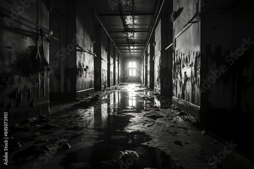 Creepy old shabby corridor of mental hospital with puddles on the floor, horror style, dark corridor of abandoned building, abandoned house interior, spooky, scary background.