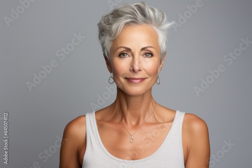 Beauty portrait of a smiling senior african american woman in a studio with a gray background