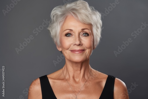 Beauty portrait of a smiling senior caucasian woman in a studio with a gray background