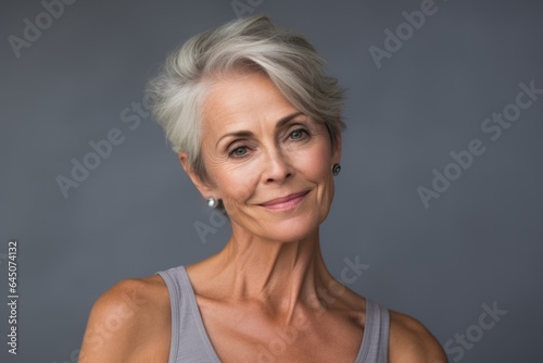 Beauty portrait of a smiling senior caucasian woman in a studio with a gray background