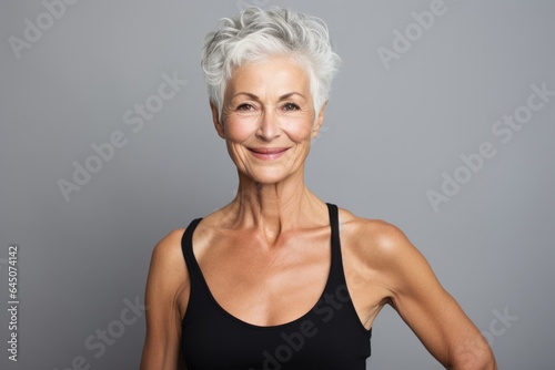 Beauty portrait of a smiling senior caucasian woman in a studio with a gray background