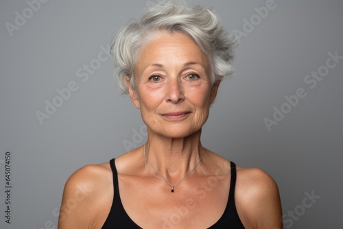Beauty portrait of a smiling senior caucasian woman in a studio with a gray background