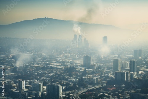 Large city with visible air pollution and smog or fog