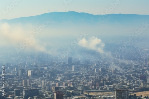 Large city with visible air pollution and smog or fog