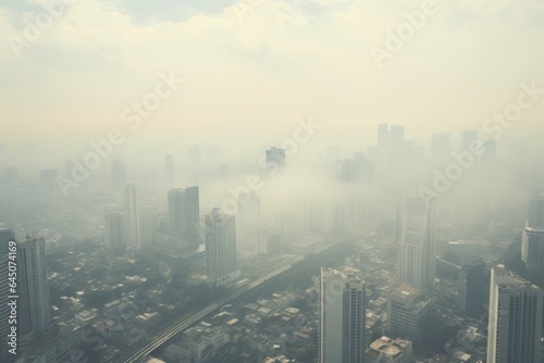 Large city with visible air pollution and smog or fog