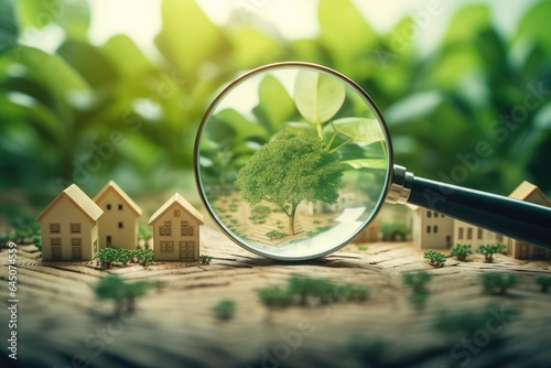 A magnifying glass on a wooden surface with miniature houses and trees.