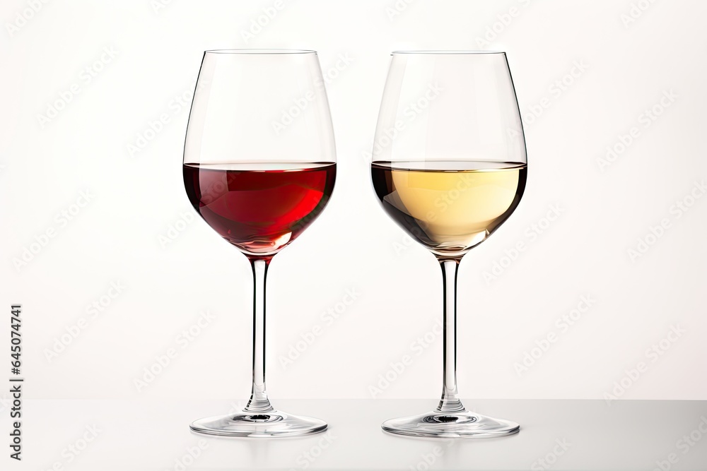 Two wine glasses, one with white wine and the other with red wine, isolated on a white background.