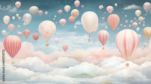  a group of hot air balloons flying in the sky above clouds. generative ai