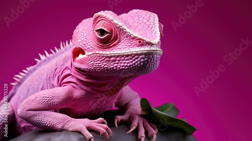 Chameleon full body  frame within shot  colorful  aligned right  pink background.