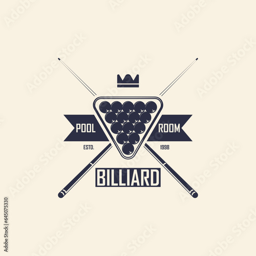 Billiard, 8-ball logo. billiard emblems with cue, balls, crown and banner icons. Hipster Design. Pool room, 8-ball. Emblem, poster templates. Vector illustration