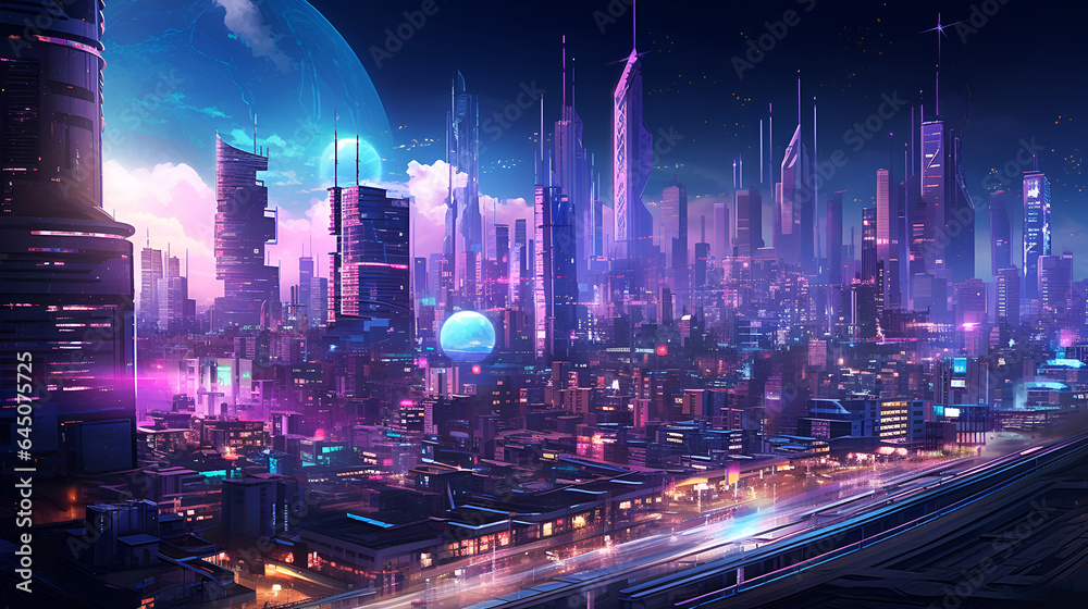 Nighttime scene in a  city from a futuristic fantasy world.  The cityscape is adorned with towering skyscrapers, sleek flying cars soaring through the illuminated sky.
