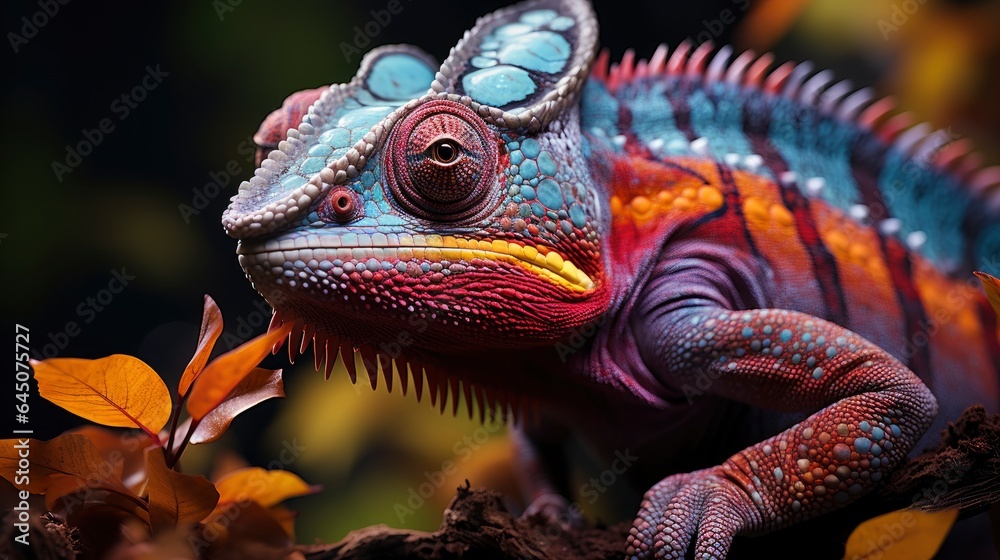 Chameleon full-body, framed within the photo, colored, aligned to the right. Chameleon full-body, framed within the photo, colored, aligned to the right.
