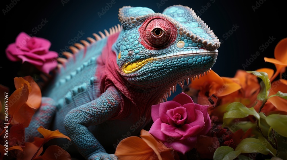 Fototapeta premium Chameleon full-body, framed within the photo, colored, aligned to the right.