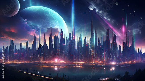 Nighttime scene in a city from a futuristic fantasy world. The cityscape is adorned with towering skyscrapers, sleek flying cars soaring through the illuminated sky.