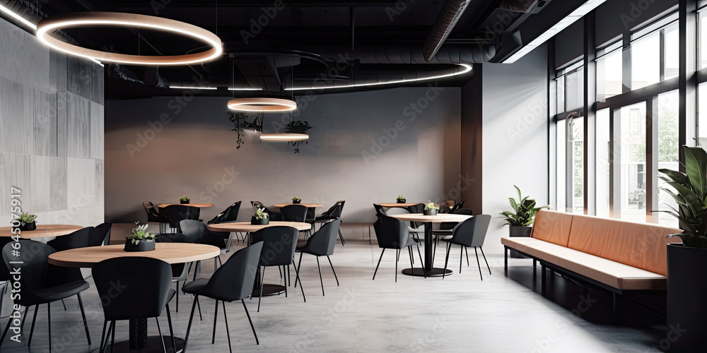 A modern restaurant interior with stylish furniture, an empty atmosphere, and elegant decor, featuring a cozy bar area. A modern restaurant interior with stylish furniture, an empty atmosphere, and elegant decor, featuring a cozy bar area.