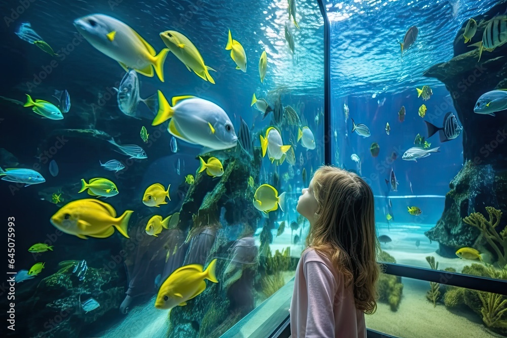 Children marvel at the underwater world inside a large aquarium, filled with beautiful marine life and colorful fish.