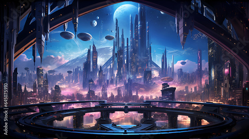 Nighttime scene in a  city from a futuristic fantasy world. The cityscape is adorned with towering skyscrapers  sleek flying cars soaring through the illuminated sky.