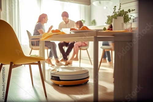 A modern automated vacuum cleaner doing housework on a clean floor while a family rests.