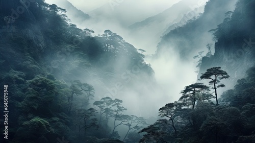  a foggy mountain landscape with trees in the foreground. generative ai