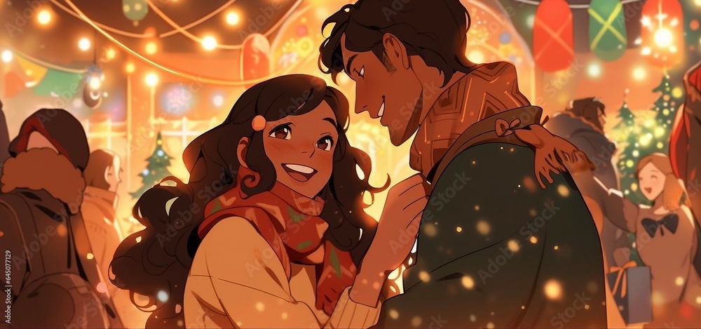 Happy couple in love during the Christmas holidays.The beautiful Christmas background has been transformed into a touching comic, where bright colors and simple lines create a magical atmosphere.