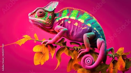 Chameleon full body, frame within shot, colorful, aligned right, pink background. © andrenascimento