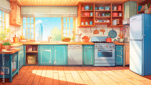 Wide angle shot kitchen, cozy design, calm colors and simplicity. Generative AI © Юрий Маслов