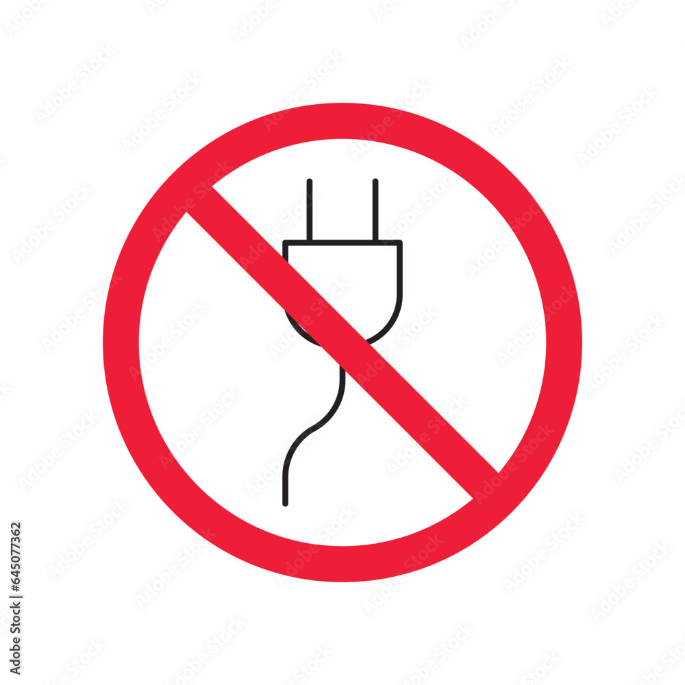 No plug icon. Forbidden plug connection icon. Do not connect plug vector sign. Prohibited plug vector icon. Warning, caution, attention, restriction flat sign design. No plug icon. Forbidden plug connection icon. Do not connect plug vector sign. Prohibited plug vector icon. Warning, caution, attention, restriction flat sign design.