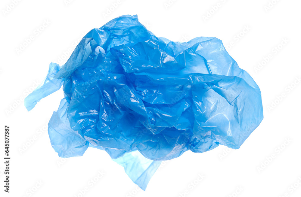 Blue crumpled plastic shopping, grocery bag in flying isolated on white, clipping path 