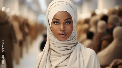 Portrait of a beautiful Muslim woman in a headscarf in a fashion store, blurred interior.