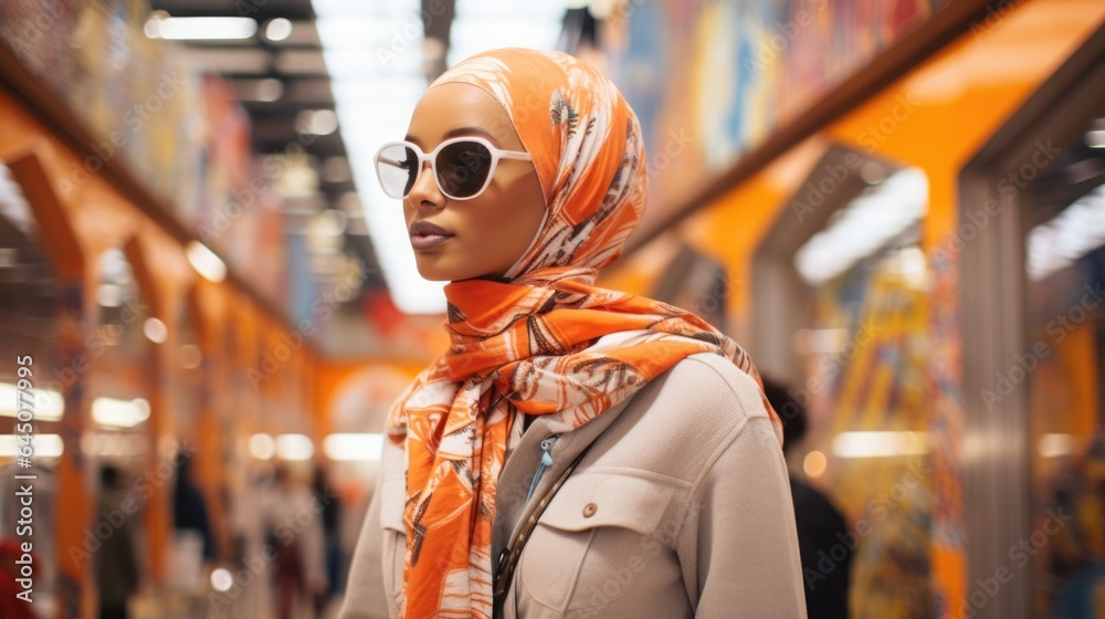 Portrait of a beautiful Muslim woman in a headscarf in a fashion store, blurred interior. Portrait of a beautiful Muslim woman in a headscarf in a fashion store, blurred interior.