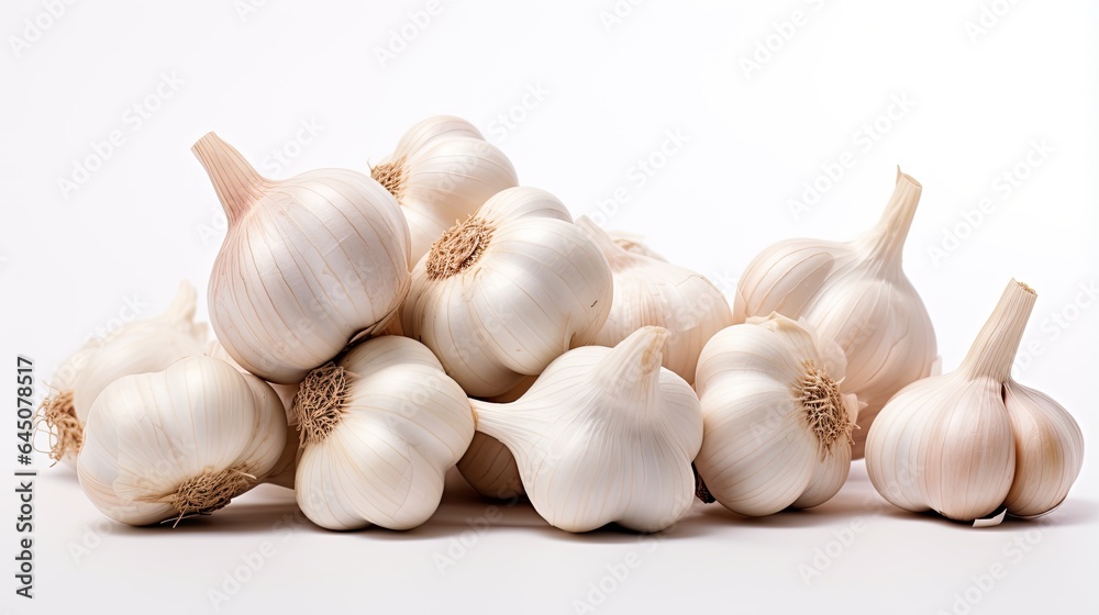 Image of a bunch of garlic bulbs arranged on a white background. Image of a bunch of garlic bulbs arranged on a white background.