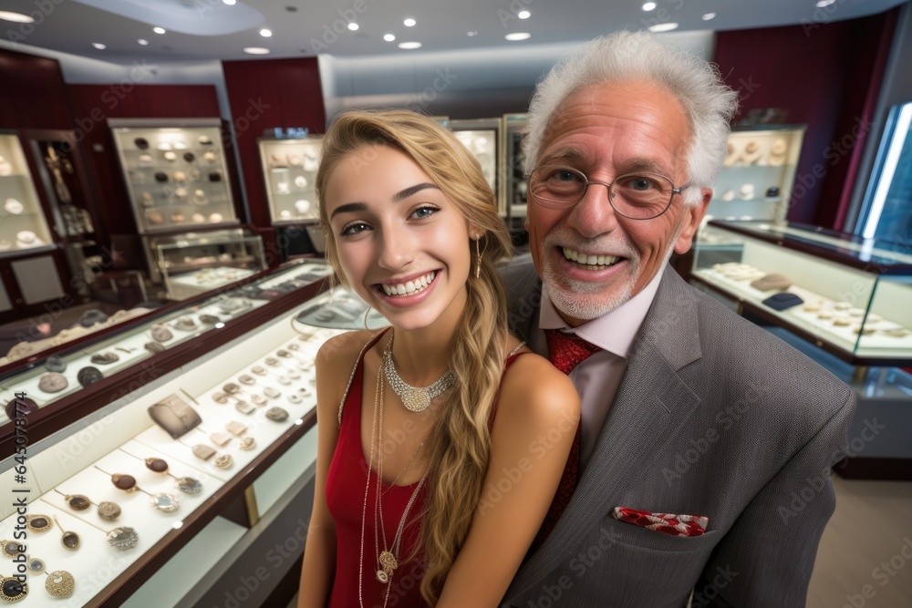 Happy Old wealthy rich man posing with his gorgeous young girlfriend at a jewelry taking a selfie looking at the camera