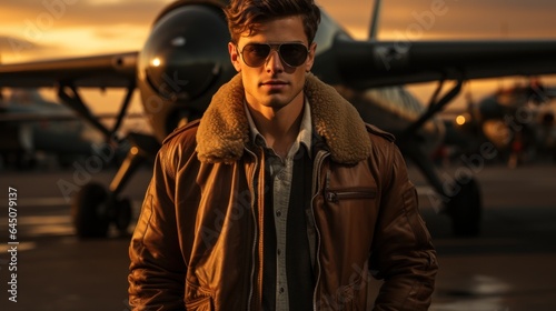 Canvas Print Aviator in a bomber jacket with pilot goggles.