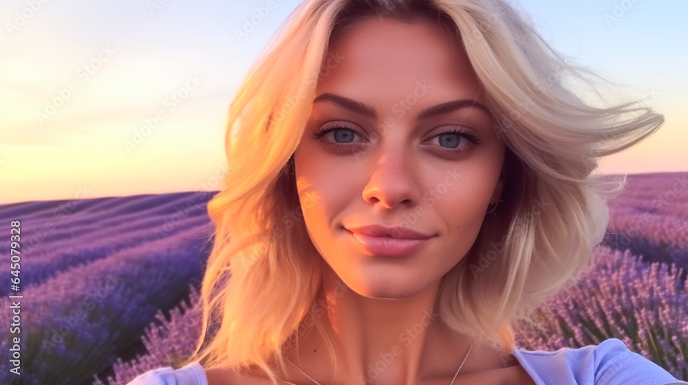 Beauty Amidst Lavender Waves. Selfie of a Girl in the Field Beauty Amidst Lavender Waves. Selfie of a Girl in the Field